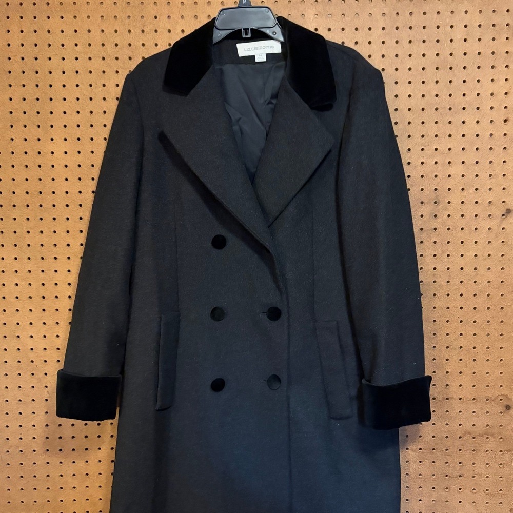Liz Claiborne Womens Black 100% Wool Double Breasted Long Coat Velvet Trim 14